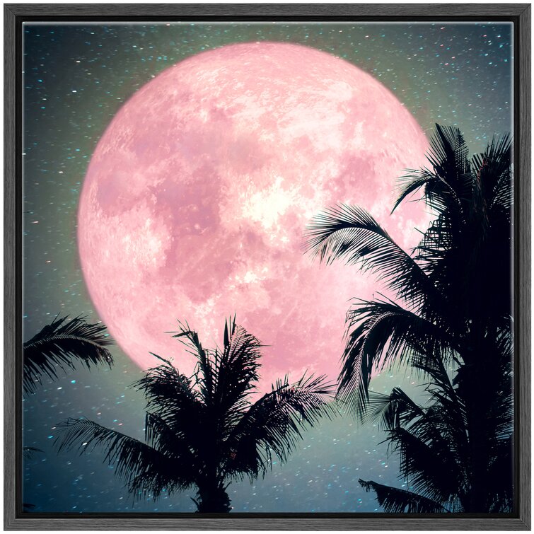 Pink Moon Glows Behind Palm Trees Framed On Canvas Print